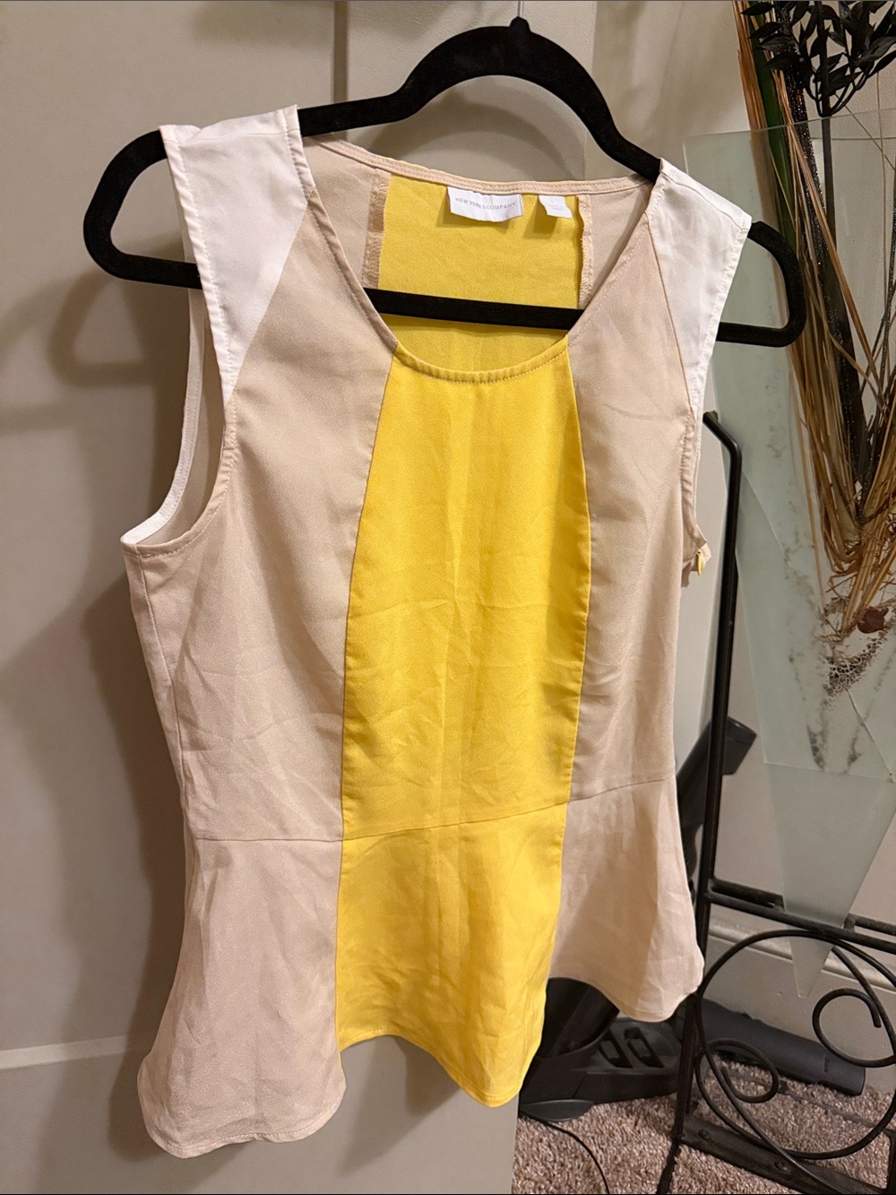 New York & Company Yellow and Cream Colorblock Peplum Tank